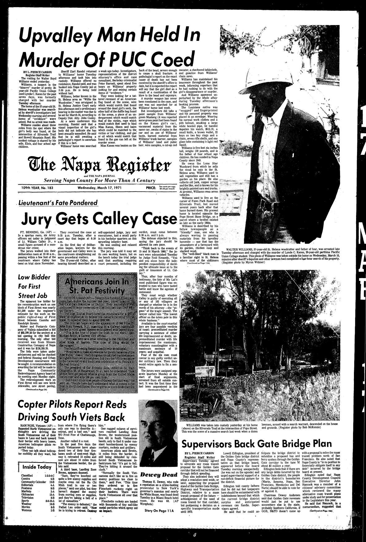 Willie the Woodcutter murder coverage: 03/17/71 Page 1A